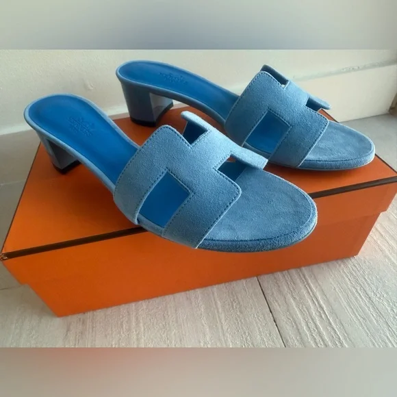 Hermes Bleu Cameo Oasis Sandals Velvet Goat size 37 - Picture 10 of 12